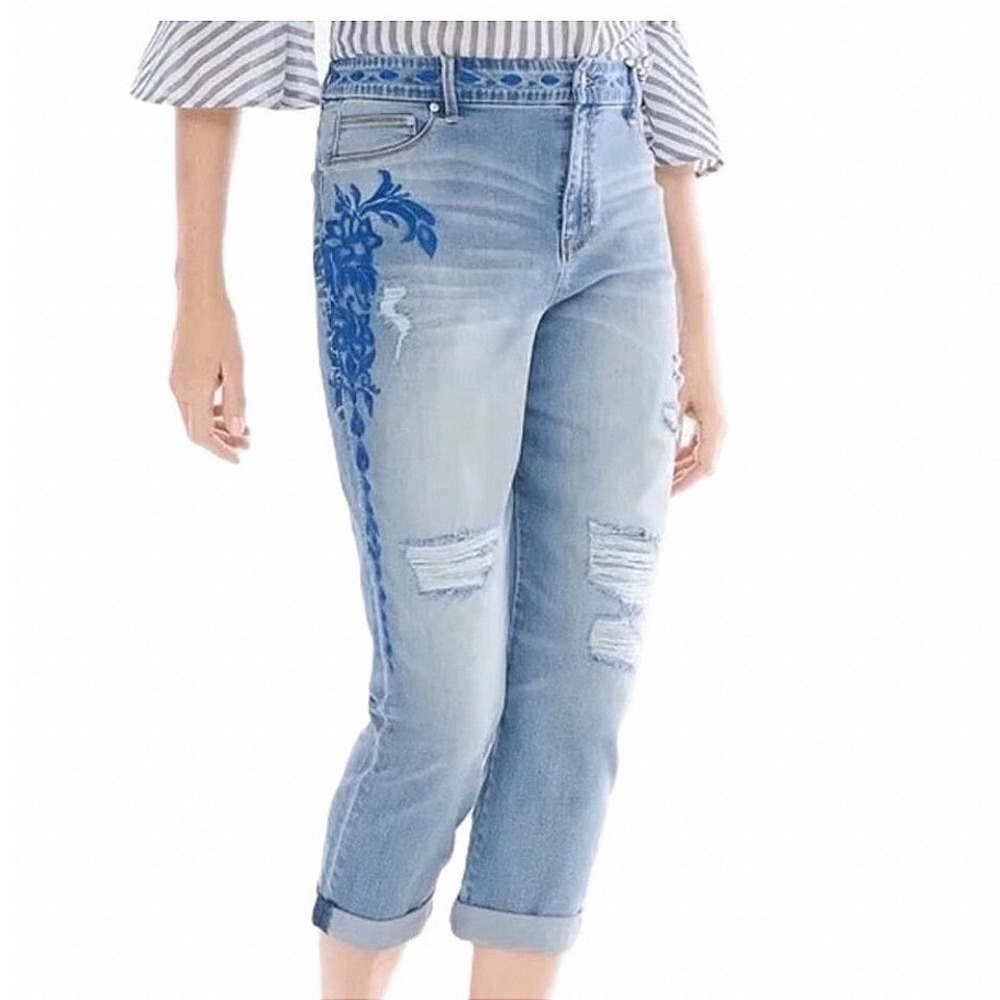 Chico's Platinum Crop Embroidered Distressed Blue Jeans Floral Denim Size 12